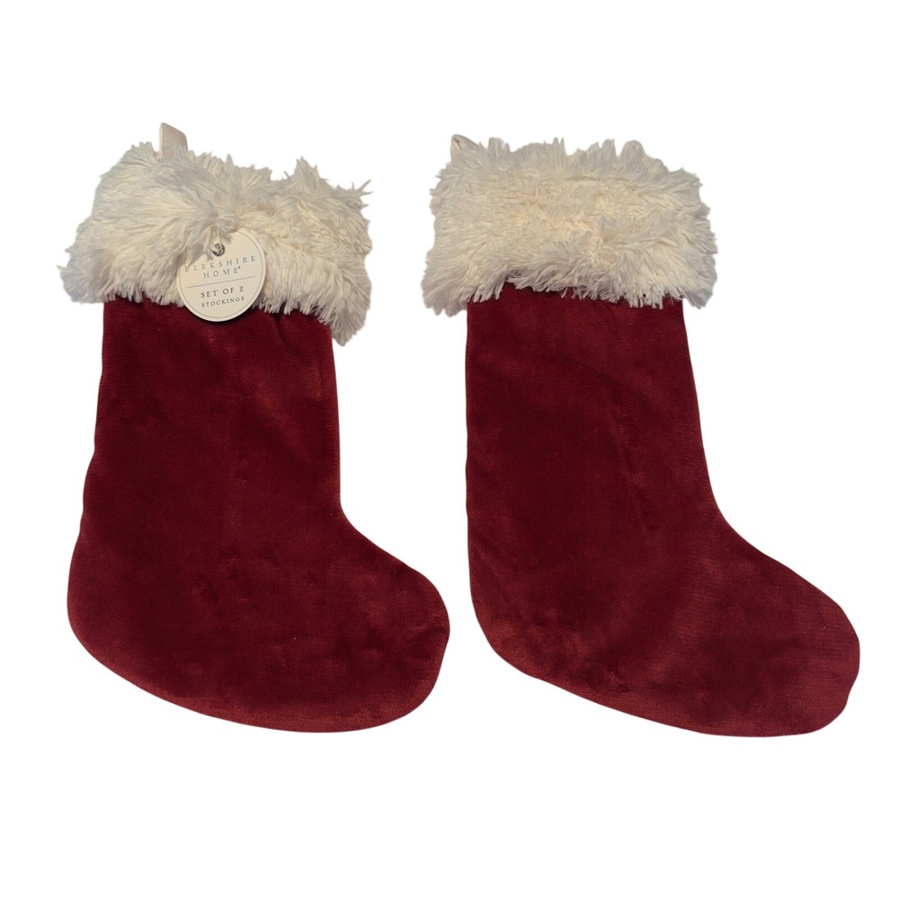 Berkshire Home Set of 2 Red Plush Christmas Stockings White Faux Fur Trim